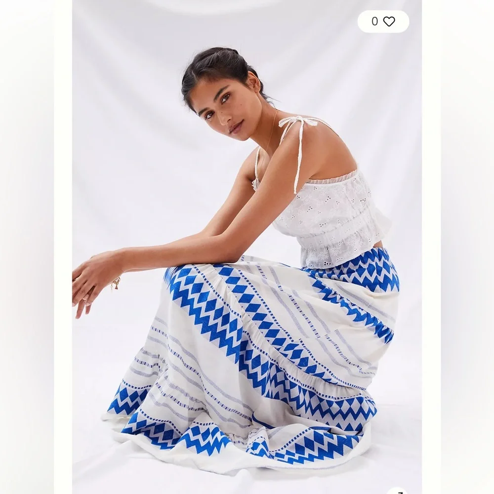 Anthropologie Kasia Size XS Womens Cream & Blue Eros Tiered Maxi Skirt - Picture 4 of 13